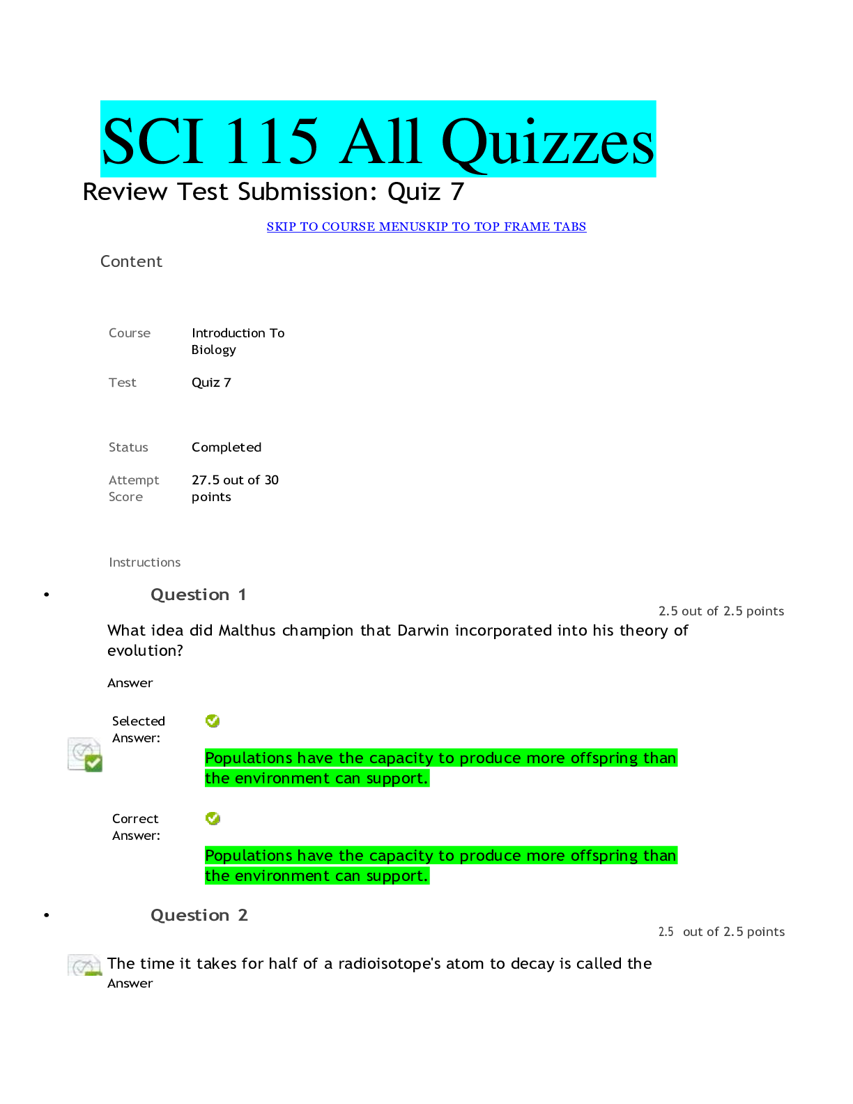 Preview of SCI 115 All Quizzes And Answers 2021 Latest Update